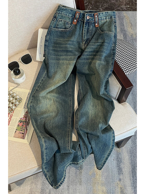 Women's Vintage Blue Jeans 2000s Streetwear Y2k 90s Baggy High Waist Jeans Denim Pants Harajuku Wide Leg Cowboy Trousers Clothes