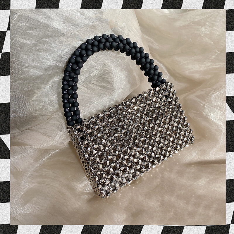 Black and Silver Small Square Handbag Handmade Beaded Crossbody Bags for Women Matte Texture Purses and Handbags Acrylic Bag