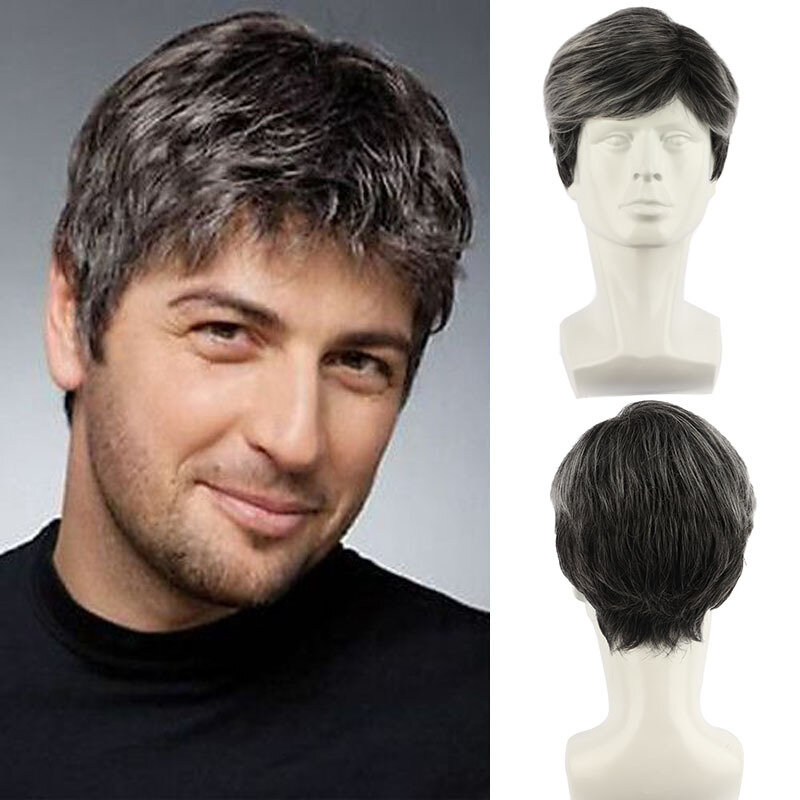 Syntetyczne męskie peruka z krótkich prostych włosów czarne dla męskich włosów puszyste realistyczne naturalne nakrycia głowy włosy odporne na ciepło na codzienną imprezę