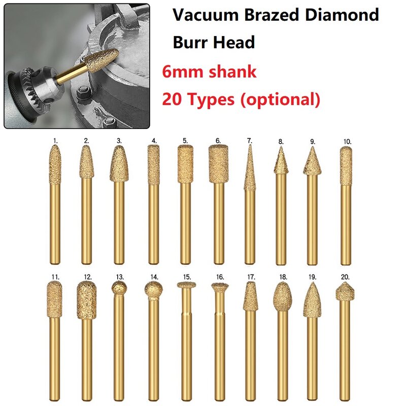 Diamond Burr Head 6mm Diamond Shank Vacuum Brazed Grinding Rotary File Stone Marble Engraving CNC Machine Carving Router Bits