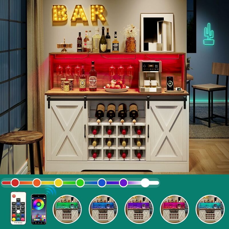 Armoire de rangement pour café-bar, bois blanc, lumières LED, verre à vin T1, assemblage de bar à la maison de ferme, console moderne de 55 po