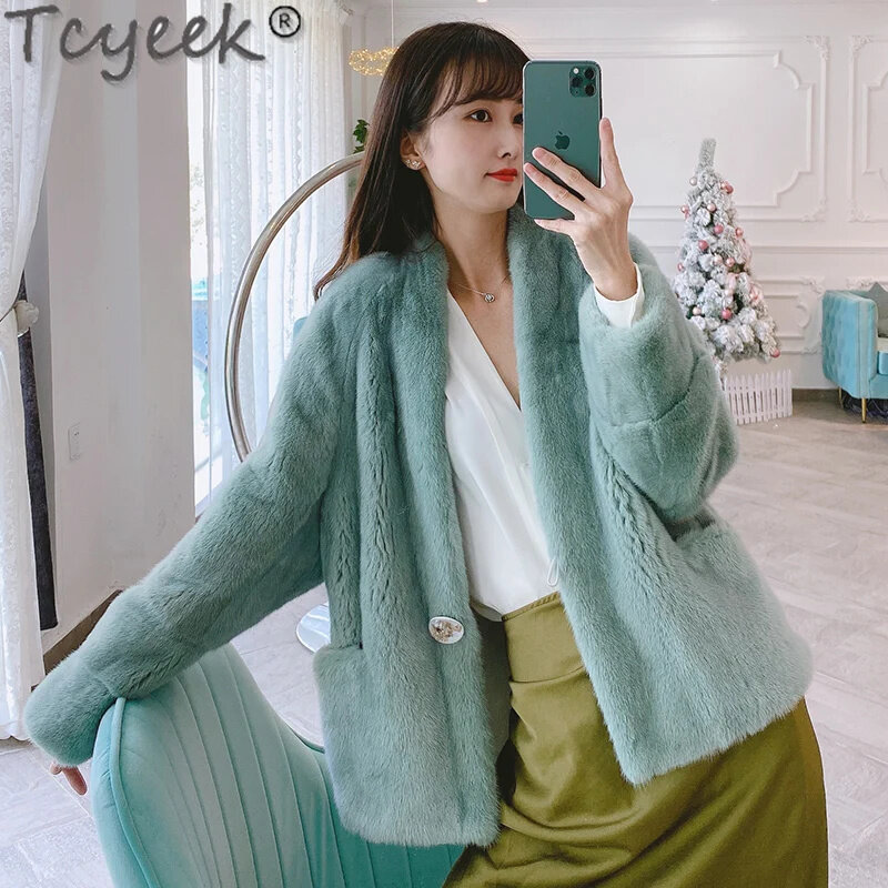 Tcyeek mantel bulu cerpelai alami wanita, pakaian hangat asli jaket musim dingin 2024 mantel mode