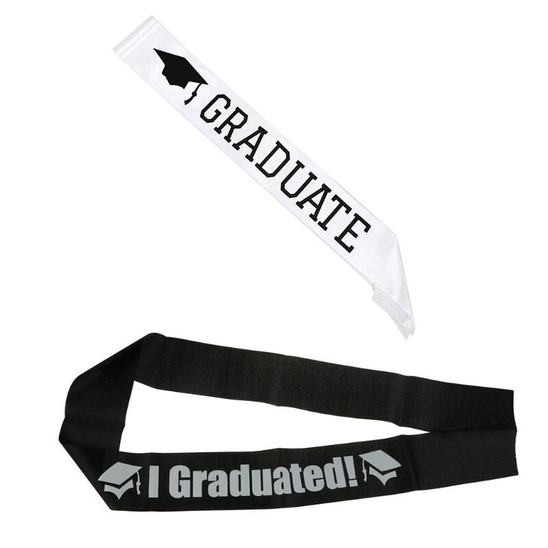 Eu me formei letras faixa cetim preto branco impressão face única graduação alça ombro celebração festa foto adereços