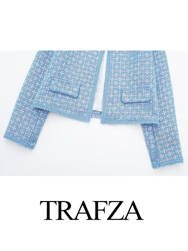 TRAFZA-Trendy azul o-pescoço manga comprida bolsos decoração lantejoulas para mulheres, moda feminina, na rua alta jaquetas curtas, primavera