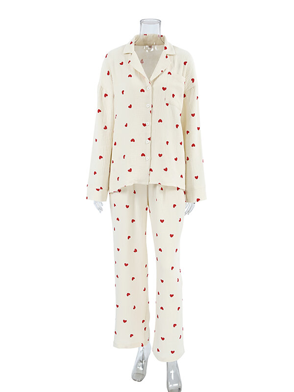 Hiloc Love Print Baumwoll pyjama für Frauen Einreiher Tasche neu in Damen Nachtwäsche Revers Langarm Damen bekleidung