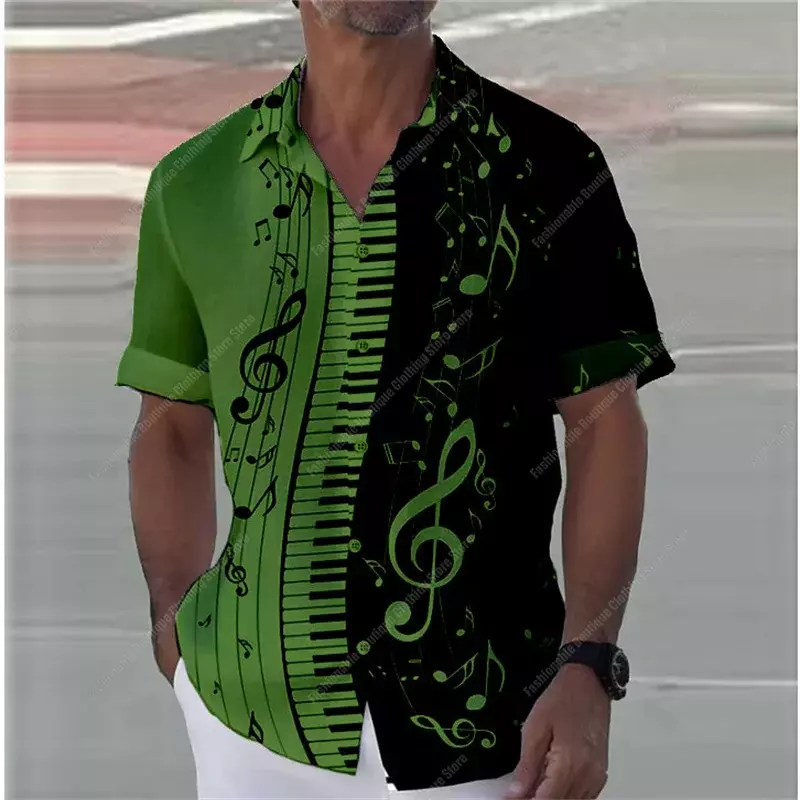 Camisa con estampado 3D de piano para hombre, camisa de manga corta de gran tamaño, con solapa, XS-5XL