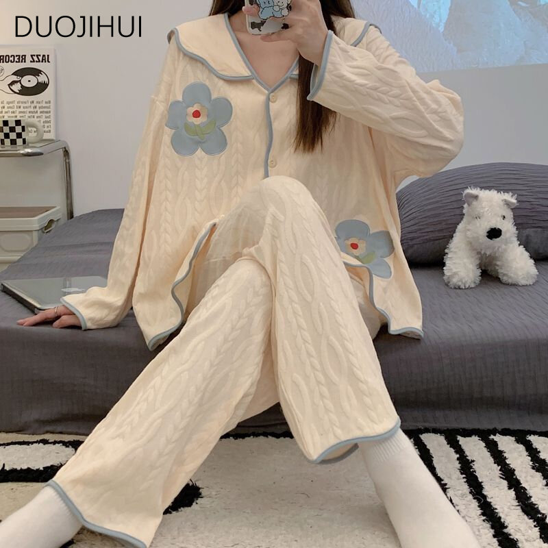 DUOJIHUI 여성용 투피스 루즈핏 캐주얼 홈 잠옷 세트, 시크한 단추 카디건, 기본 바지, 심플한 패션, 가을