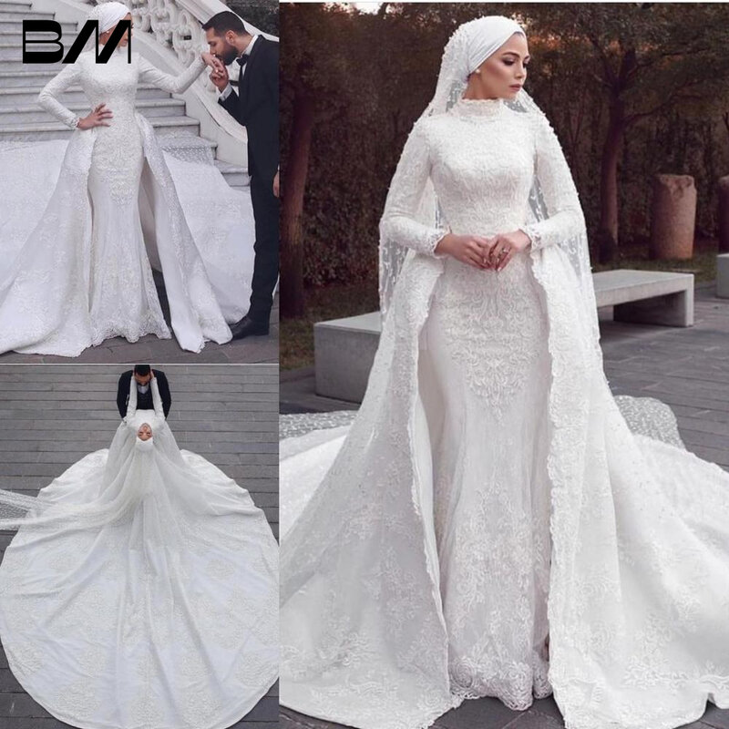 Sereia vestidos de casamento com trem destacável, vestidos nupciais muçulmanos, Lace Apliques Overskirt, Tribunal e Modest Hijab