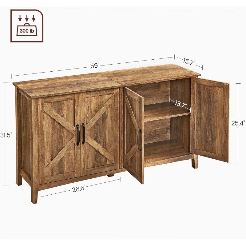VASAGLE Buffet Storage Cabinet, 15.7" D X 59" W X 31.5" H Credenza Sideboard Table, Kitchen Cupboard with Adjustable Shelves