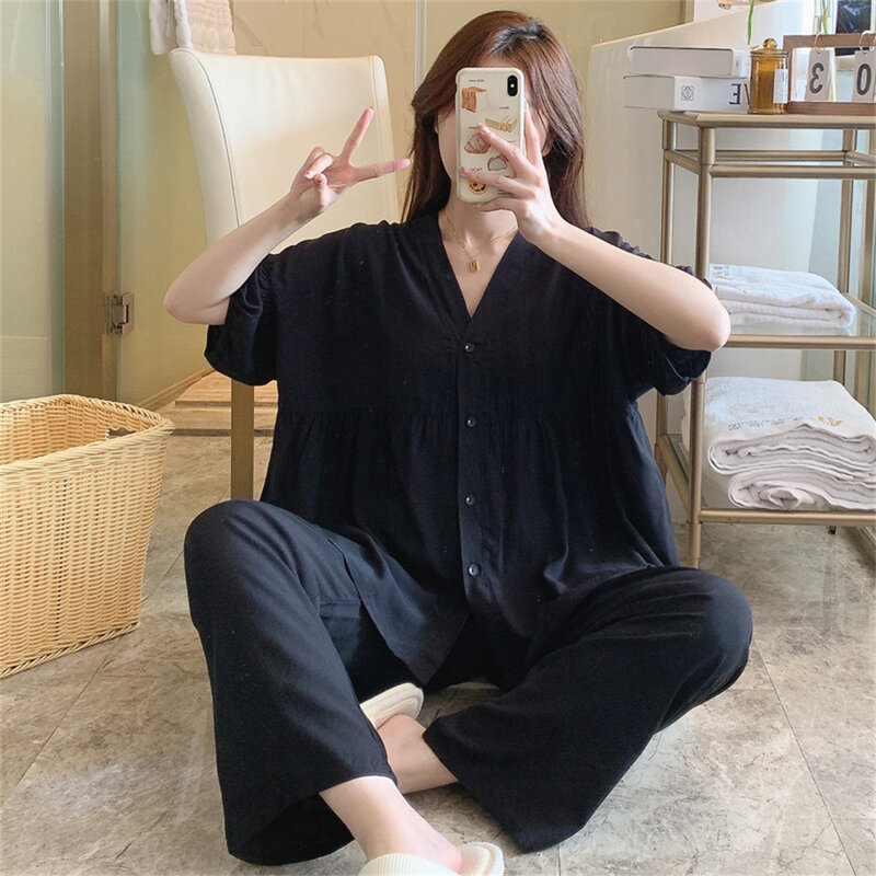 Пижамный комплект женский из двух предметов, тонкая свободная повседневная одежда для сна с коротким рукавом, штаны, домашняя одежда, большие размеры, весна-лето