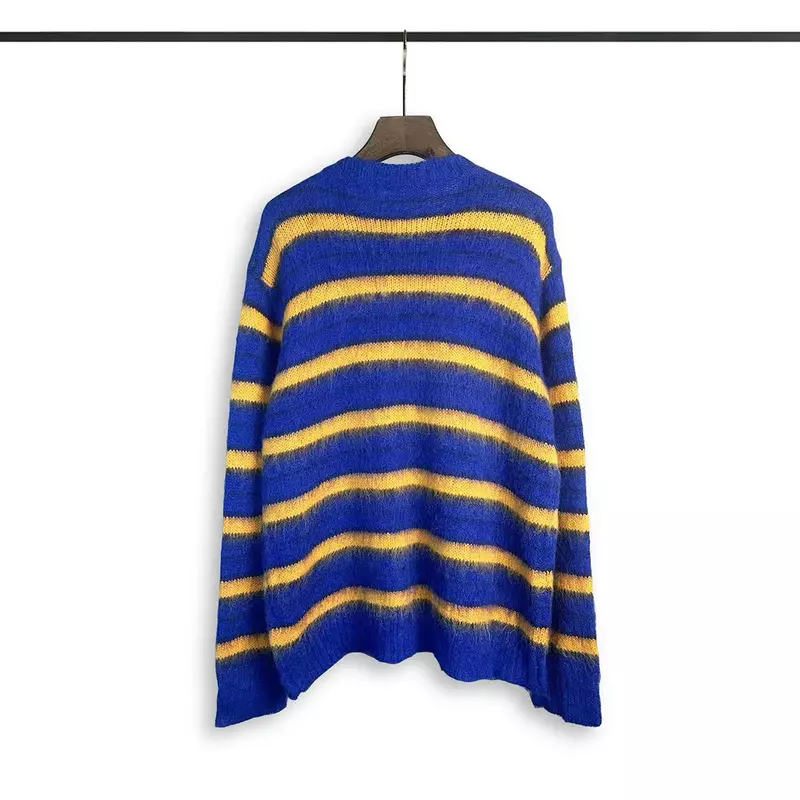 Sweter Pullover rajut bergaris warna Vintage untuk pria dan wanita tambal sulam longgar leher Crew sweter Streetwear ukuran besar