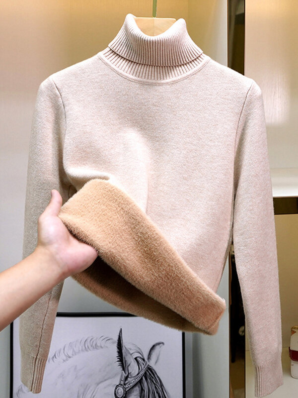Sweater untuk wanita musim dingin kerah tinggi Turtleneck ramping Pullover rajut hangat baru pakaian rajut bergaris beludru mewah atasan Jumper kasual Poleras