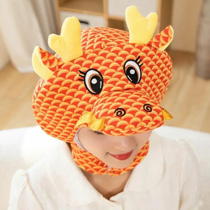 Sombrero de dragón de dibujos animados, gorro de felpa esponjoso 3D de estilo chino, mascota de dragón de dibujos animados, año 2024