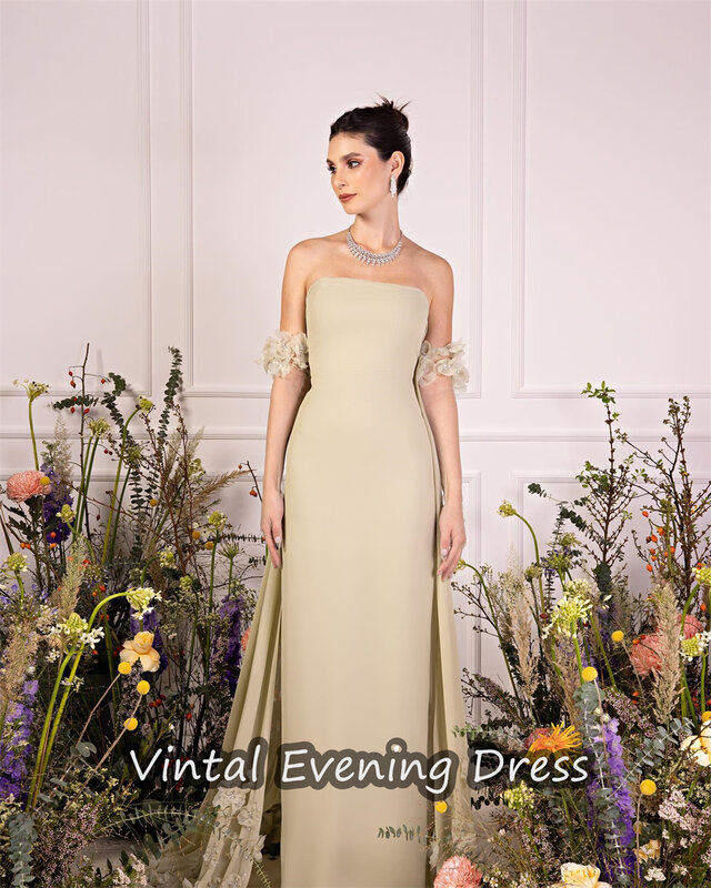 Vindal Ruffle a-line abito da sera lunghezza del pavimento elegante Crepe Empire Prom Dresses reggiseno incorporato scollo senza schienale per donna 2024