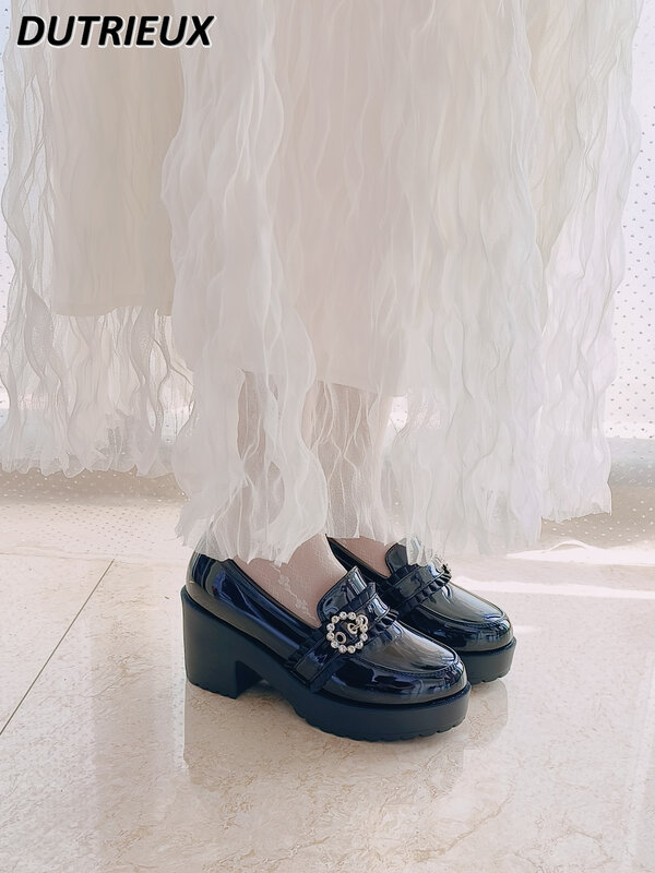 Zapatos de charol con encaje de diamantes de imitación para mujer, zapatos de plataforma de fondo grueso, impermeables, tacones altos, Lolita, mina dulce japonesa