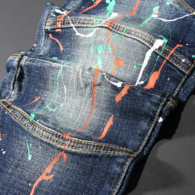 Jeans Pria Ala Jalanan Mode Jeans Pengendara Sepeda Sobek Pas Badan Elastis Biru Gelap Retro Celana Denim Hip Hop Desainer Lukisan Homme Pria