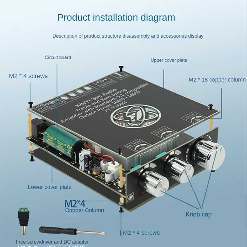 XY-T160H 블루투스 5.0 서브우퍼 앰프 보드, 2.0 채널 고출력 오디오 스테레오, TDA7498E 앰프 보드, 160W + 160W