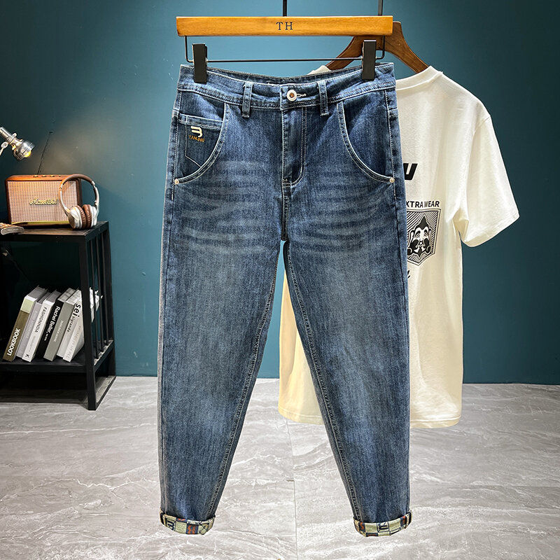 Calça jeans fina e respirável masculina, confortável, macia, elástica, estampada, elegante, combina tudo, casual, verão