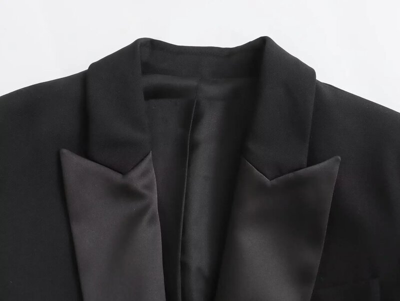 DAVE & Di ชุดสูทสีดำลำลองลำลองสำหรับผู้หญิงเสื้อคลุมแบบคลุมไหล่ปกผู้หญิงแบบเย็บปะผ้าซาติน