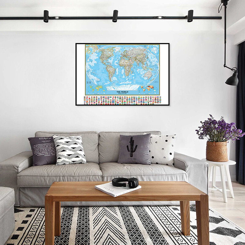 1 buah peta dunia tahan air dengan bendera negara 59x42cm Poster kecil non-tenun dekorasi lukisan gantung peta dunia pribadi