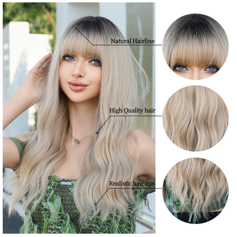 Long Wavy Synthetic Wig with Bangs Dark Roots Ombre  Ash Blonde Wigs for Women Natural Wig Heat Resistant Fake Hair Daily Use