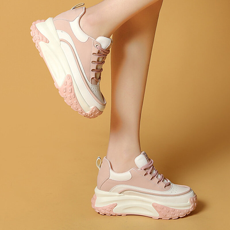 Chunky Air Mesh Respirável Sneakers Moda Genuína Mulheres De Couro Vulcanize Novo Verão Feminino Confortável Lace Up Moda Sapatos Femininos