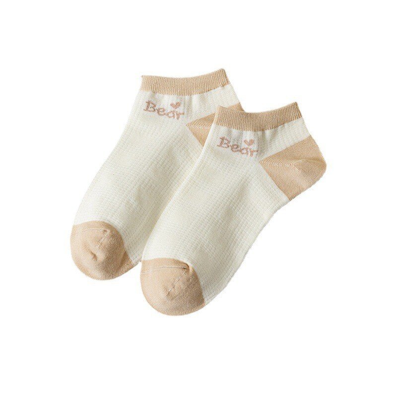 Women New Cotton Socks Light Khaki Comfortable Breathable Fashion Lace Teddy Bear Print Academic Style Ladies Boat Socks H101