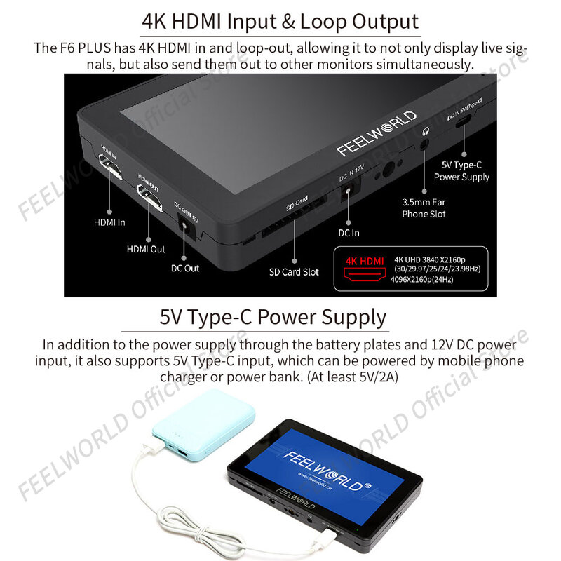 FEELWORLD F6 PLUS V2 6นิ้วกล้อง DSLR Field Monitor 3D LUT Touch หน้าจอ IPS FHD 1920X1080 focus Assist สนับสนุน4K HDMI