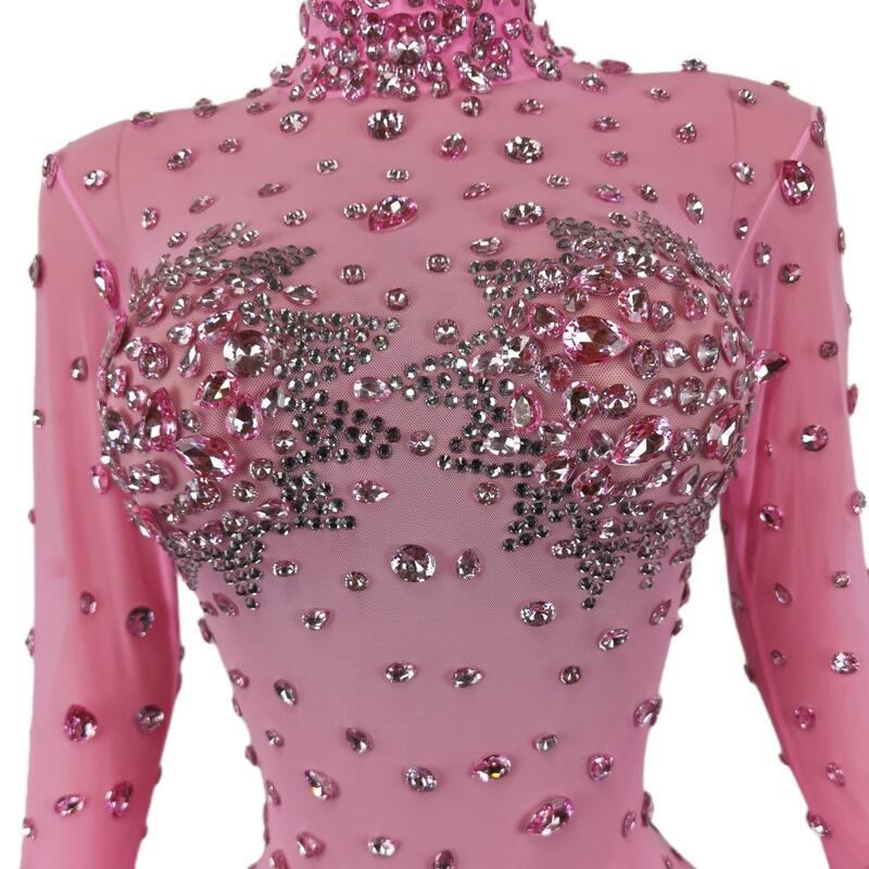 Блестящий розовый сетчатый прозрачный комбинезон, соблазнительный пушистый дизайнерский костюм на день рождения, певец, танцор, костюм для выступления, одежда для сцены, Guibin