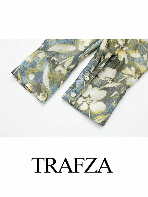 TRAFZA-Blusa com estampa metálica feminina, mangas compridas, lapela, vintage, chique, casual, elegante, primavera, verão, moda, 2024