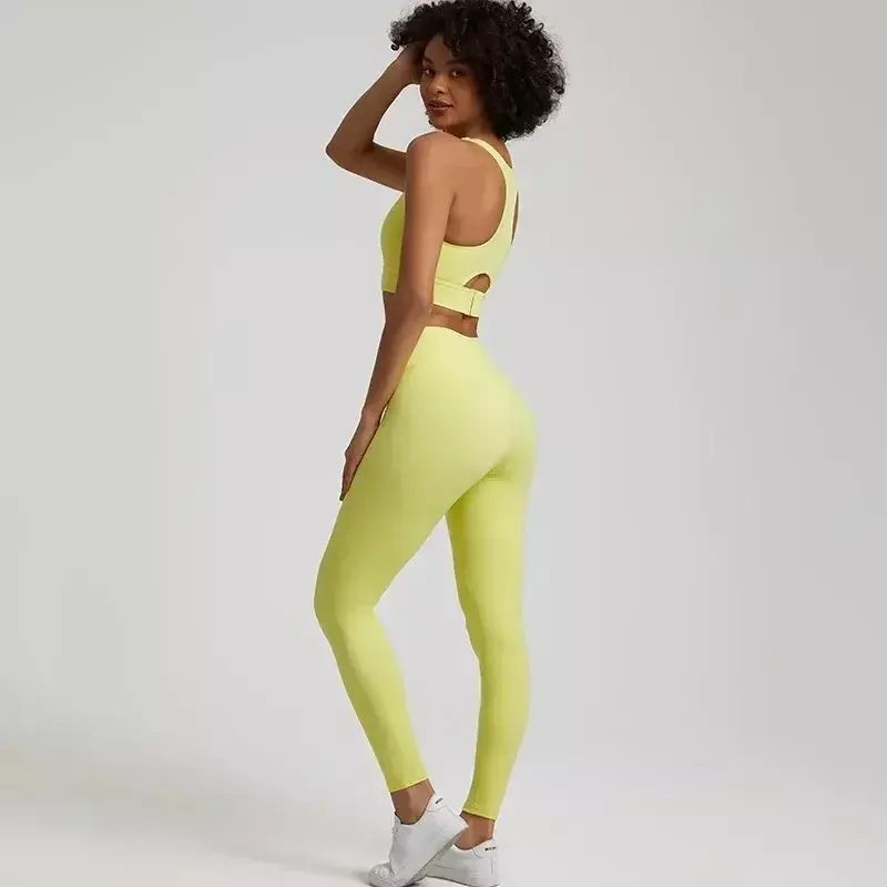 Lemon Gym Yoga Set Tight Leggings Sports Fitness Cross Back Buckle Gym Bra Top 2pc Suit Comprehensive Training Jog Women