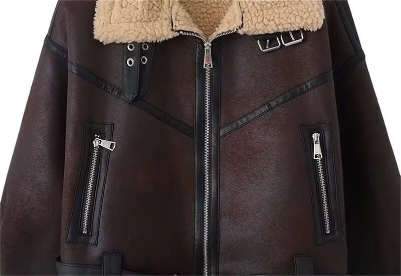 Traje marrón de lana de cordero para mujer, chaqueta, Blazer, ropa de calle gruesa, abrigo de oficina con cinturón, Invierno