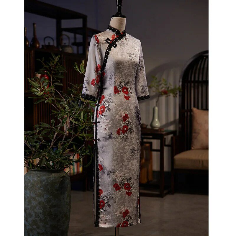 Cheongsam traditionnel Qipao à imprimé floral pour femme, robe décontractée, col mandarin, style chinois, sexy