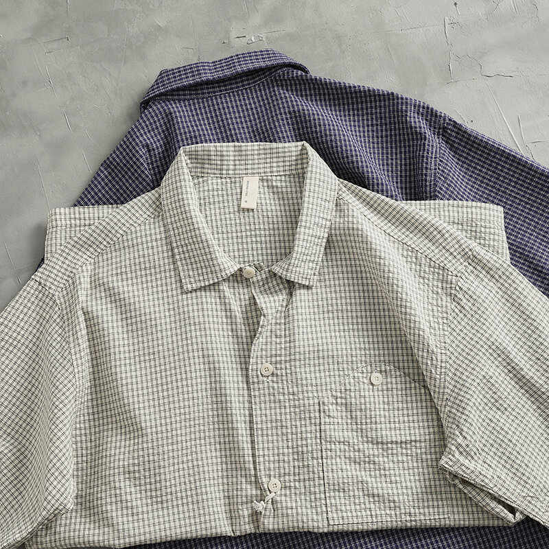 Vintage small plaid shirt short-sleeved men's high-grade casual loose fashion brand trend summer short-sleeved shirt coat tide