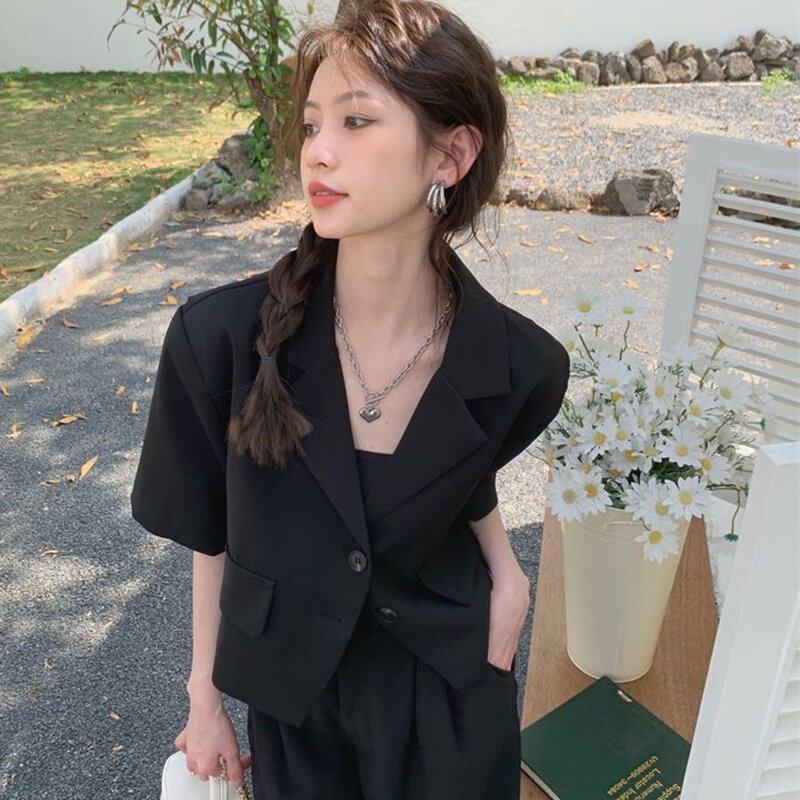 Koreaanse Mode Groene Dames Blazer Zomer Dunne Korte Mouwen Blazers Voor Dames 2024 Chique Single Breasted Cropped Jasje Dames
