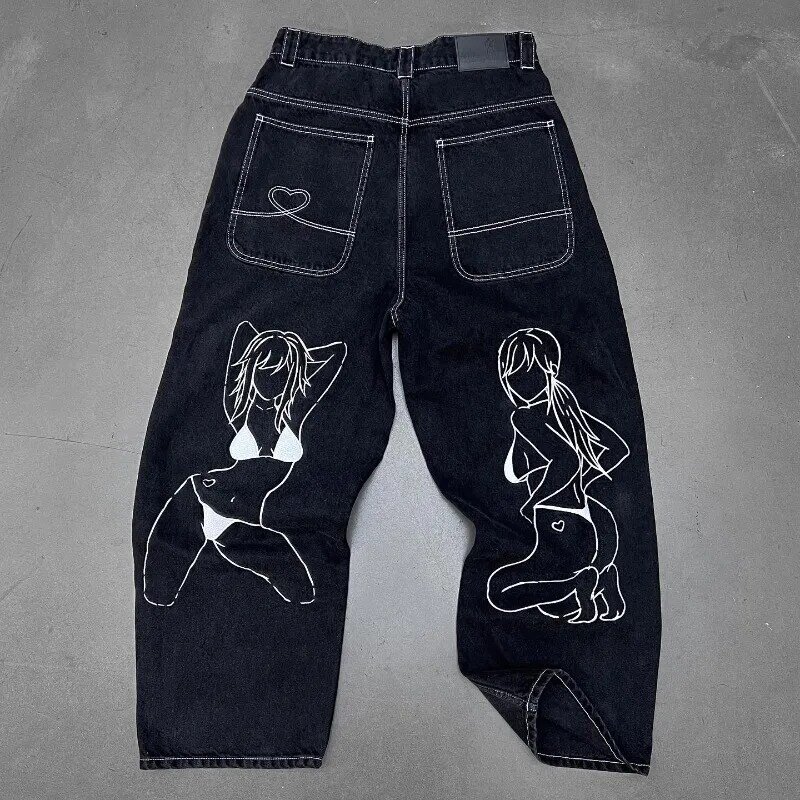 Pantalones vaqueros de pierna ancha para hombre y mujer, ropa de calle vintage con patrón gótico Harajuku, Hip Hop, Y2K