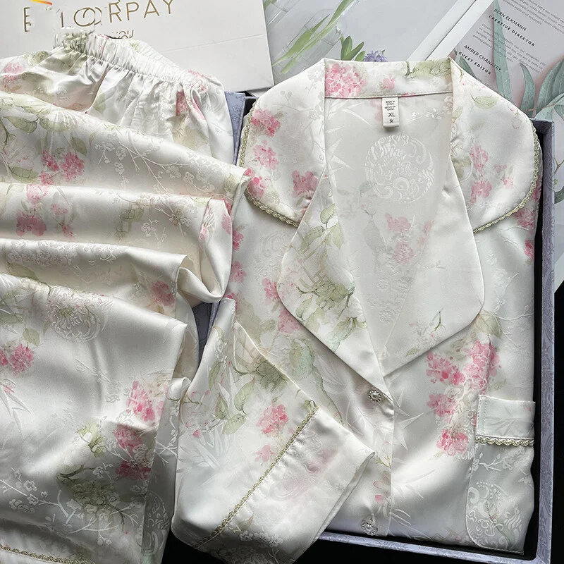 Satin Pajamas for Women Set Silk Pyjamas Loose Casual Sleepwear Long Sleeve Button Trousers 2 Piece Set Printing Homewear Outfit