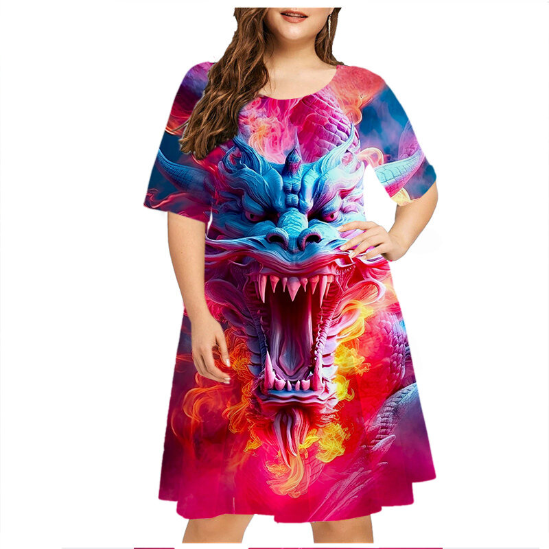 Robe d'été à imprimé dragon pour femmes, vêtements vintage, motif 3D, manches courtes, grande taille, robe de soirée décontractée, 6XL