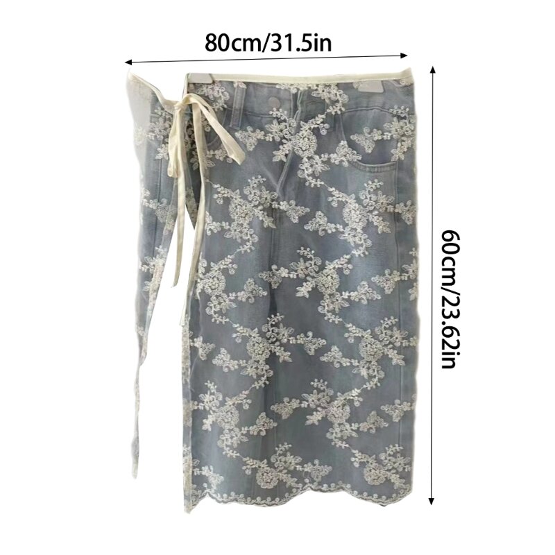 Y166 Falda larga con delantal transparente con encaje flores y bordado en cintura para mujer