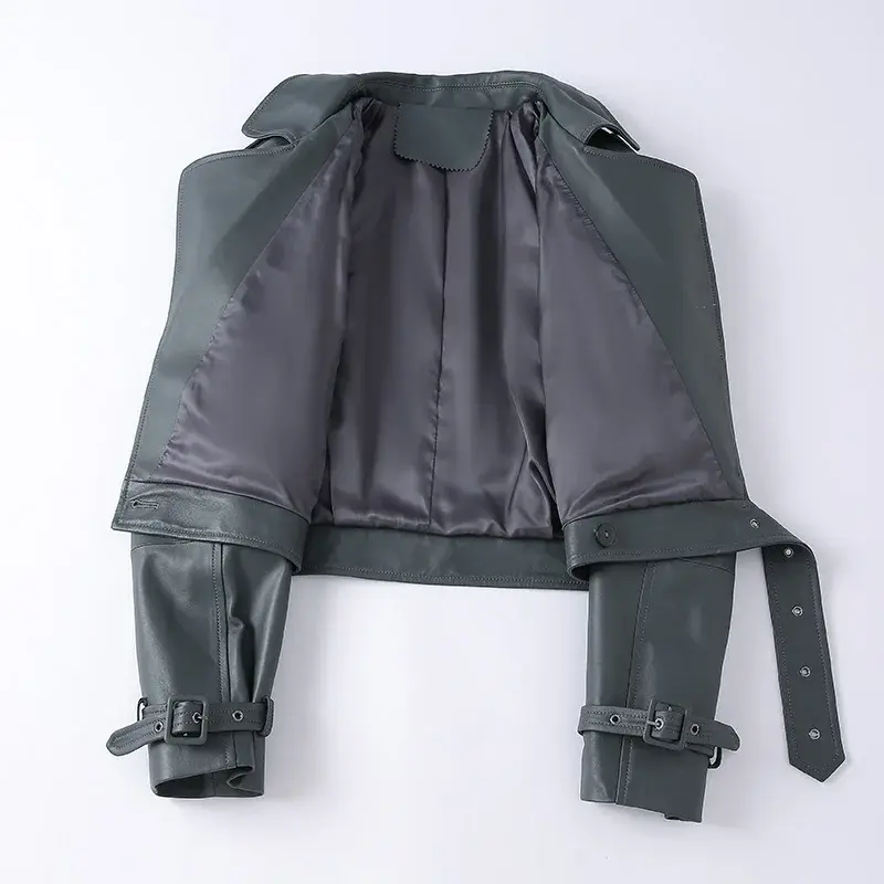 Veste de moto en cuir véritable pour femme, manteau à col rabattu, streetwear à la mode avec ceinture