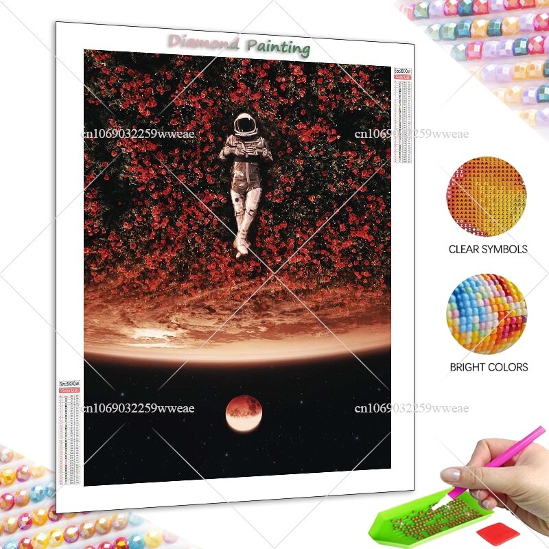 Planet Spaceman Diamond Painting Full AB Drills Square Round Picture of Rhinestone Scenery Rose Celestial Astronaut Mosaic Print