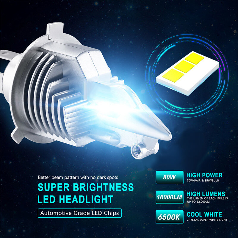 Ampoules de Soleil LED pour Voiture et Moto, Lampes de html Foco H4 6000, Lumière de Sauna, Euro 16000LM 80W 9003 K Super h4
