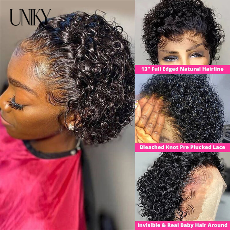 Peruca curta de corte Pixie para mulheres negras, perucas dianteiras, cabelo humano, onda de água, 180%, destino, profundo encaracolado, peruano
