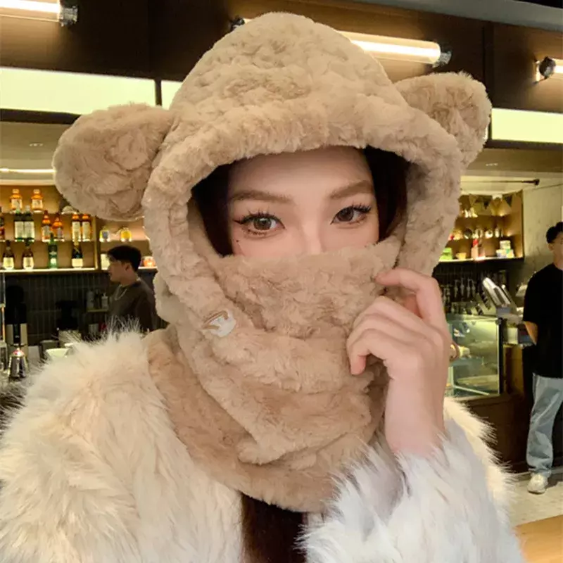 Женская зимняя теплая искусственная плюшевая утолщенная облегающая шапка «все в одном» с милыми медвежьими ушками ветрозащитный шарф Защитная шапка с капюшоном для ушей