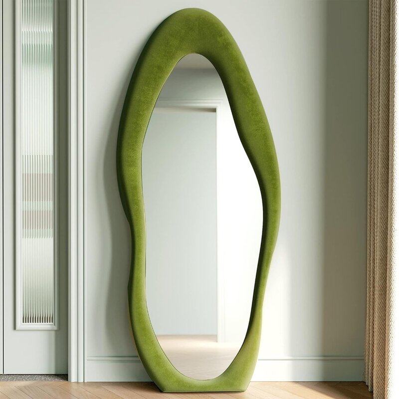 Зеркало длинное, Фланелевое деревянное напольное зеркало 63x24 дюйма, Нестандартная волнистая подвесная стена для зеленых зеркал