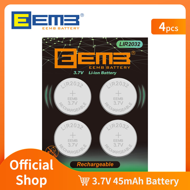 EEMB-Batería de botón LIR2032 de 3,7 V y 45mAh, batería recargable de iones de litio, pila de moneda para auriculares, batería de iones de litio, llaves de coche, reloj