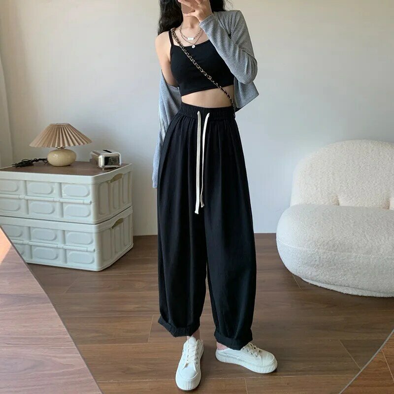 2024 Women's Spring Summer Fashion High Waist Cargo Pant Female Cotton Linen Loose Trousers Ladies Casual Wide-leg Pants C363