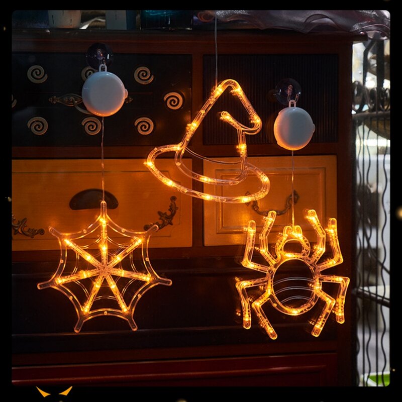 Halloween Hanging Window Lamp Pumpkin Spider Bat Ghost LED Atmosphere Light With Suction Cup DIY Horror Funny Battery Power
