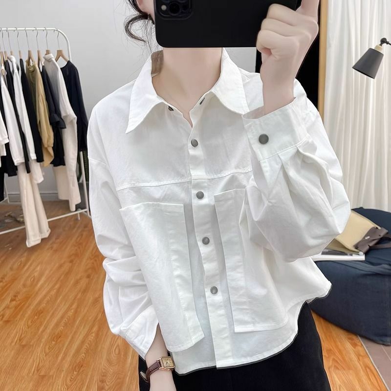 Letnia luźna damska biurowa Retro koreańska koszula damska z kieszeniami jednolita, Oversized klapy z długim rękawem eleganckie topy Y2K