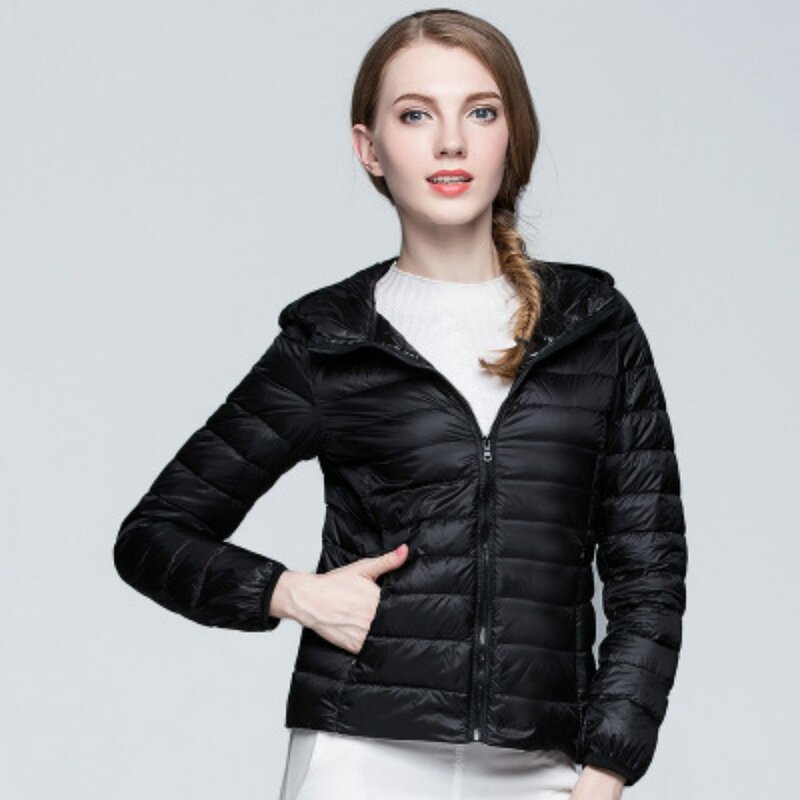 女性の白いダックダウンフード付きジャケット、90% ダックダウンジャケット、軽量、暖かい、ポータブル、アウター、冬、秋、2023